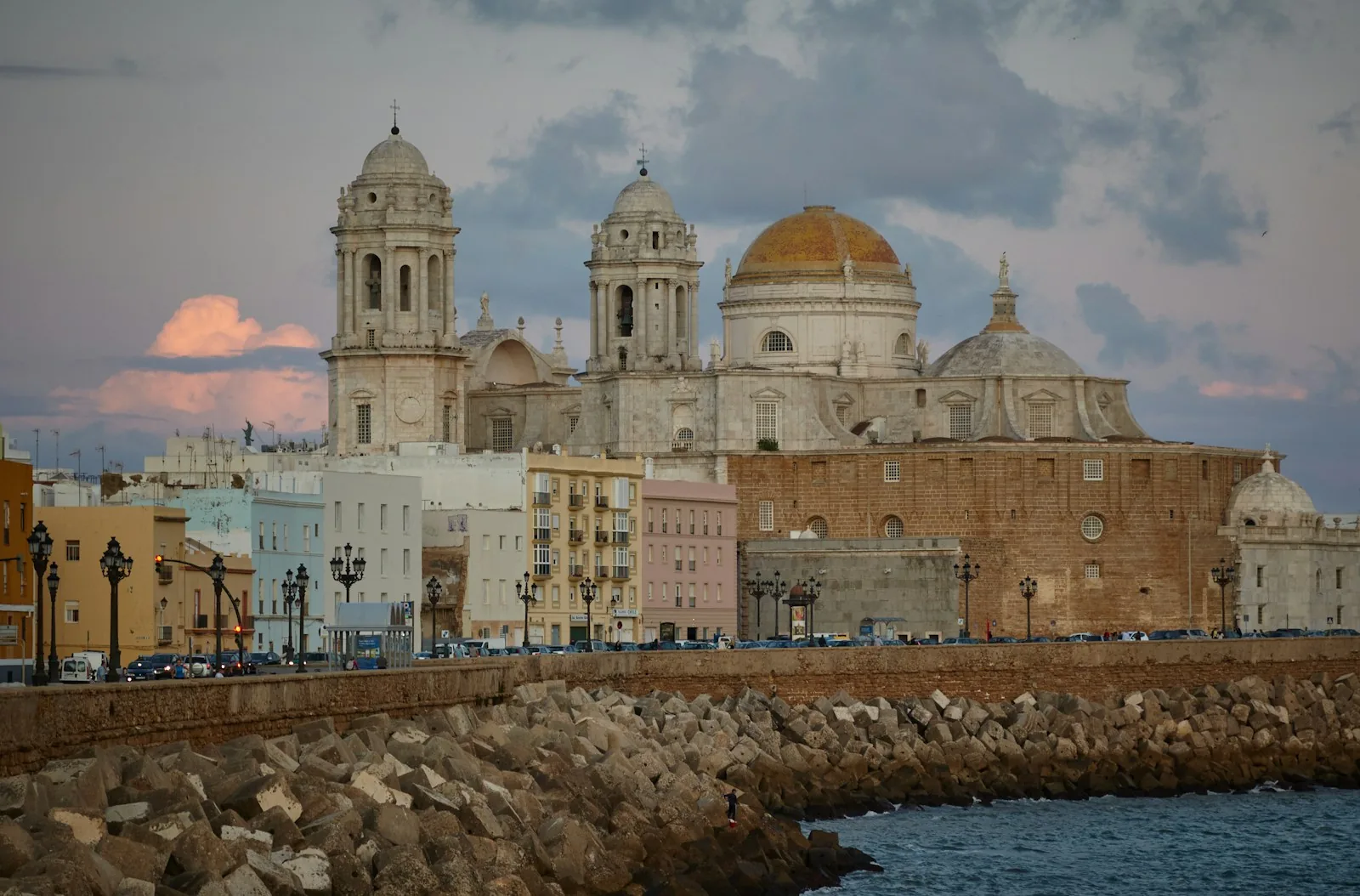 Cádiz Cathedral overlooking the Atlantic waterfront at sunset
